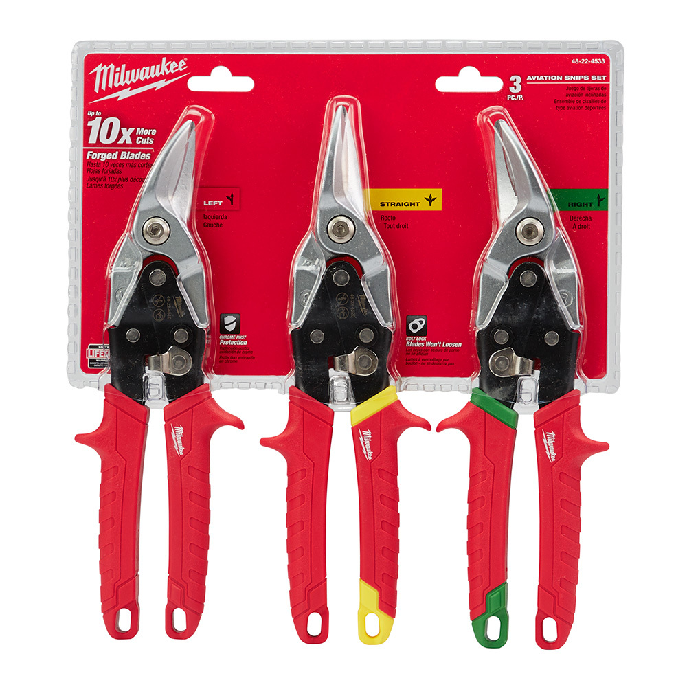 48-22-4533 3-Piece Aviation Snip Set, 18 ga Cold Rolled Steel/22 ga Stainless Steel Cutting, 5 in L of Cut, Left/Right/Straight Snip, Steel Blade
