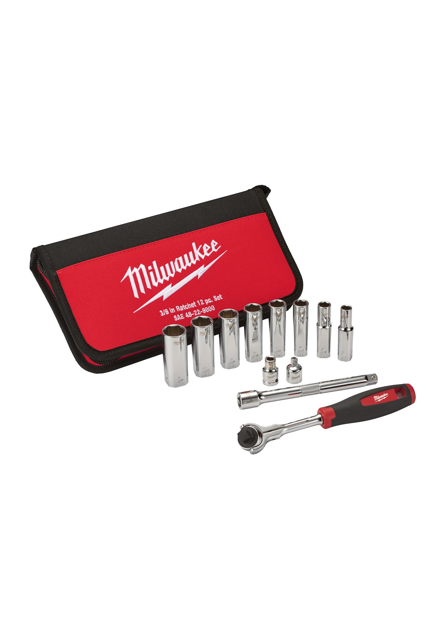 48-22-9000 Socket Set, 3/8 in Drive, 12 Pieces, Included Socket Size: Yes
