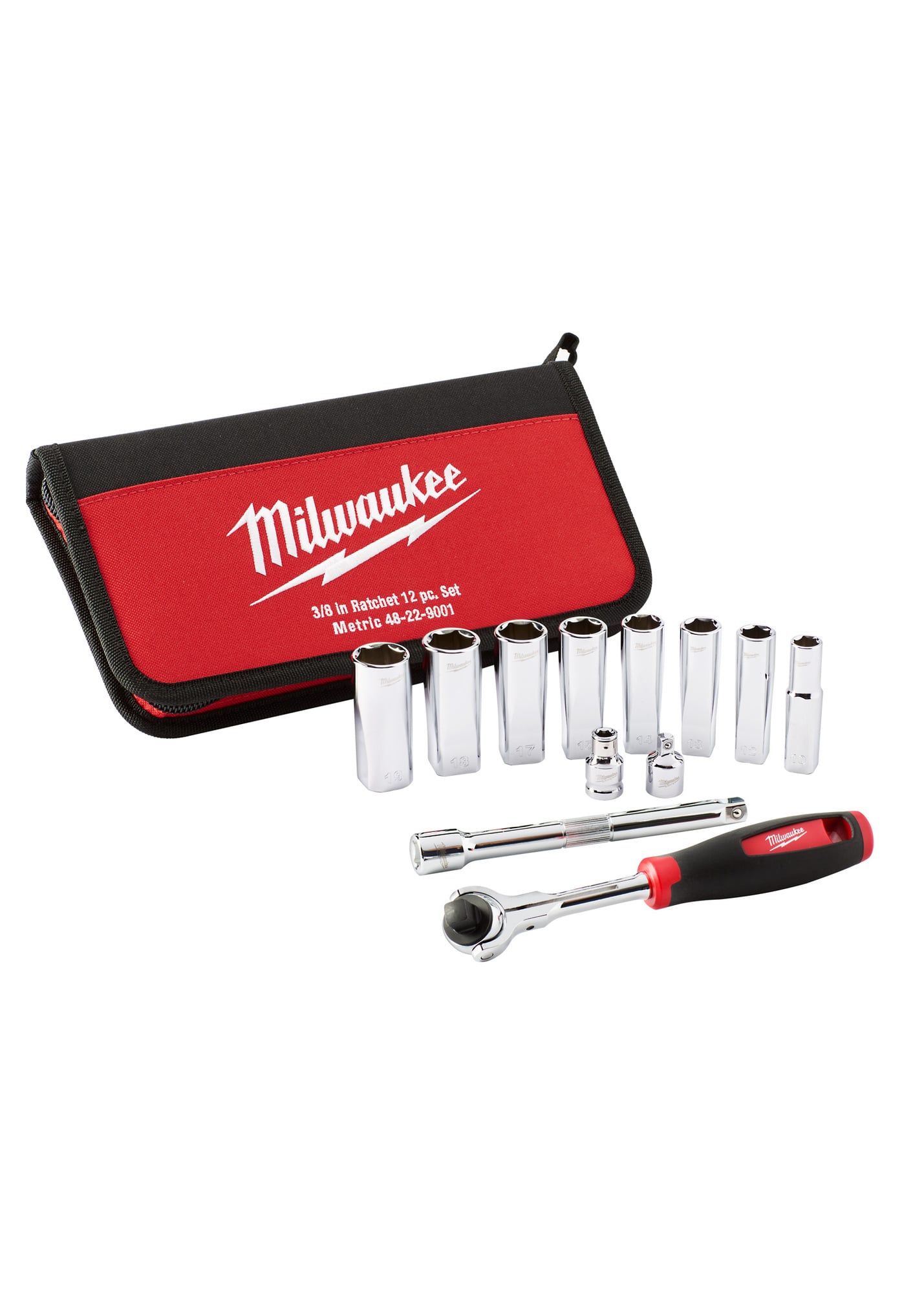 48-22-9001 Socket Set, 3/8 in Drive, 12 Pieces, Included Socket Size: Yes