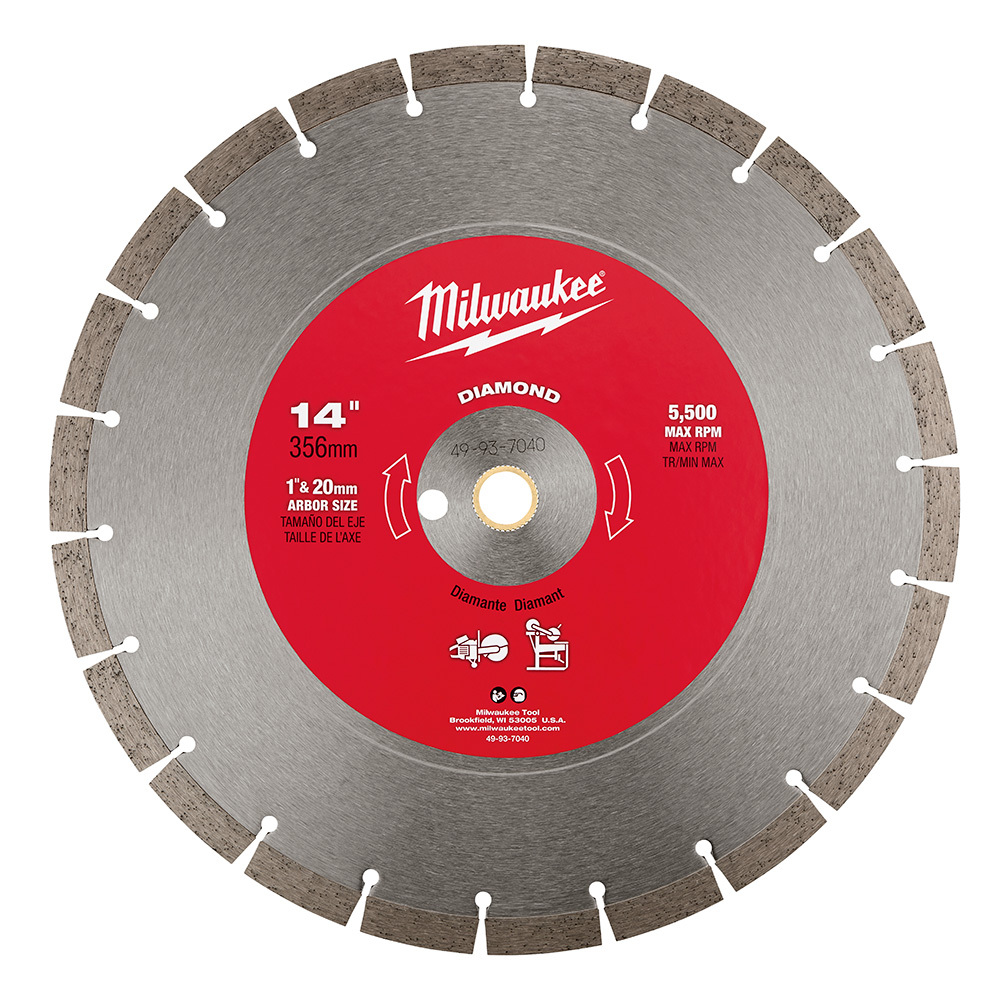 49-93-7040 Premium Segmented Circular Diamond Saw Blade, 14 in Dia Blade, 1 in, 20 mm Arbor/Shank, Wet/Dry Cutting