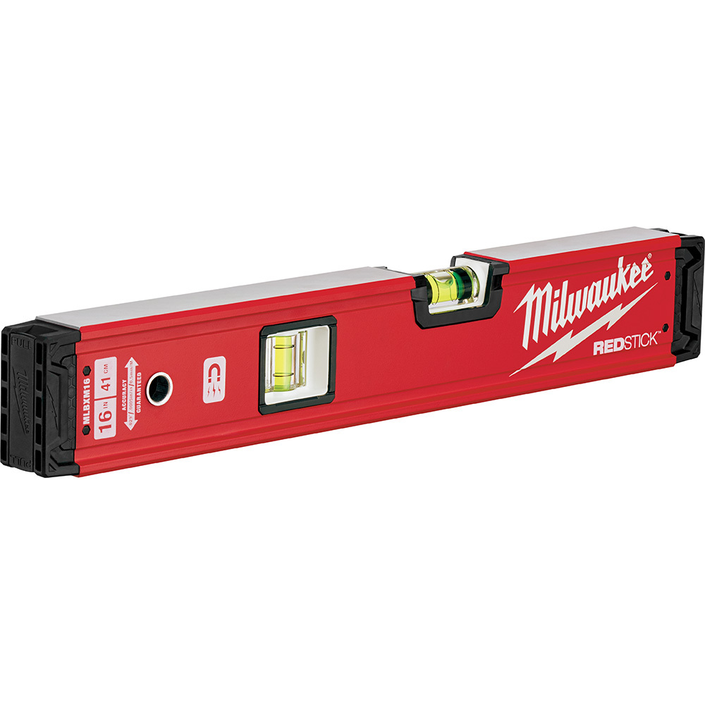 MLBXM16 Redstick Magnetic Box Level, 16 in L, 3 Vials, Aluminum, (2) Level/(3) Plumb Vial Position, 0.0005 in/in Accuracy