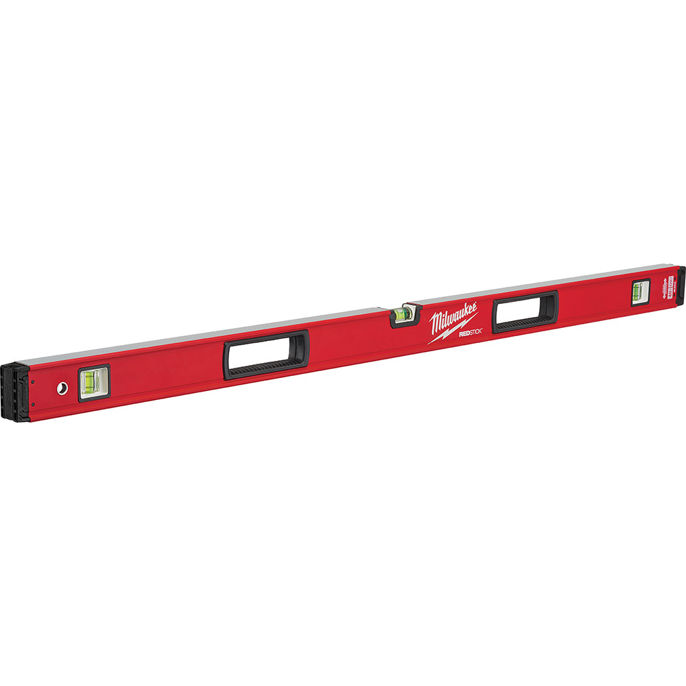 MLBX48 Redstick Box Level, 48 in L, 3 Vials, Aluminum, (1) Level/(2) Plumb Vial Position, 0.0005 in/in Accuracy