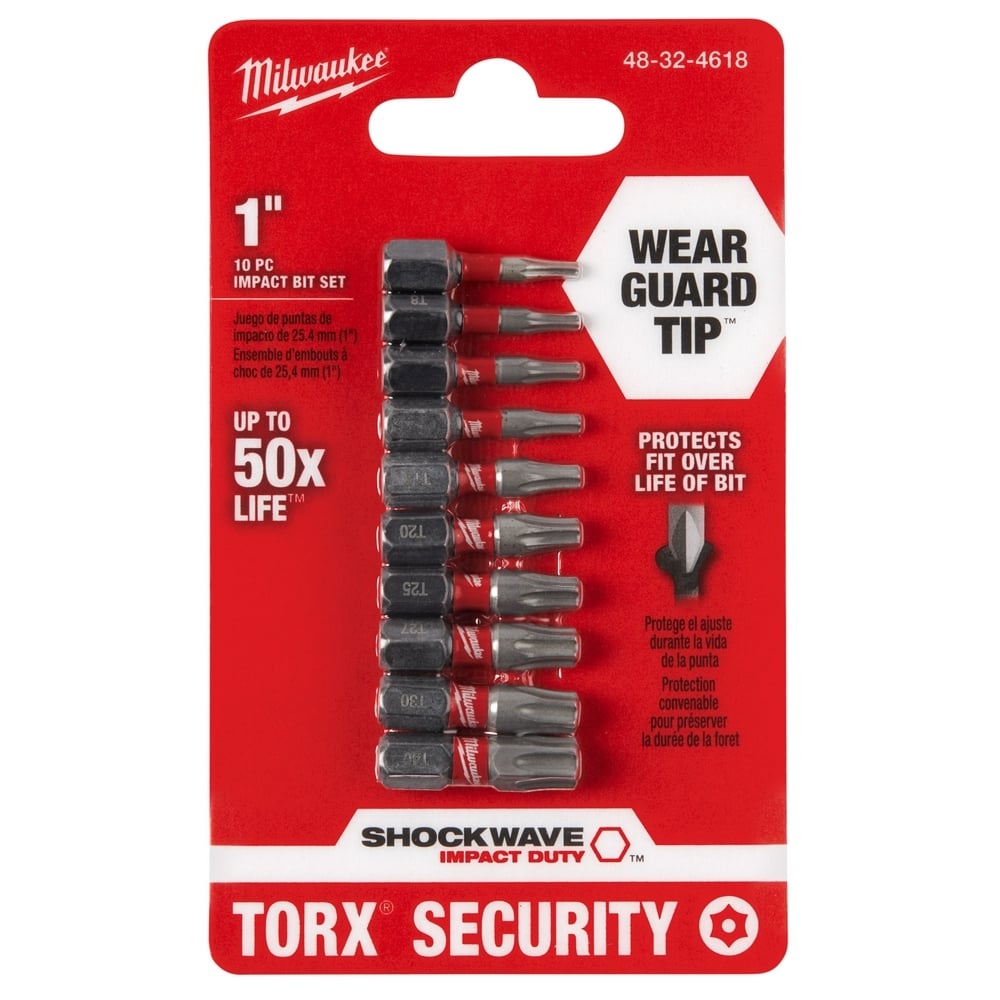 48-32-4618 Shockwave Security Insert Bit Set, 10 Pieces, T-7, T-8, T-9, T-10, T-15, T-20, T-25, T-27, T-30, T-40 Tip Size, 1 in L x 1/4 in W Blade, Impact Shank, 76 Alloy Steel