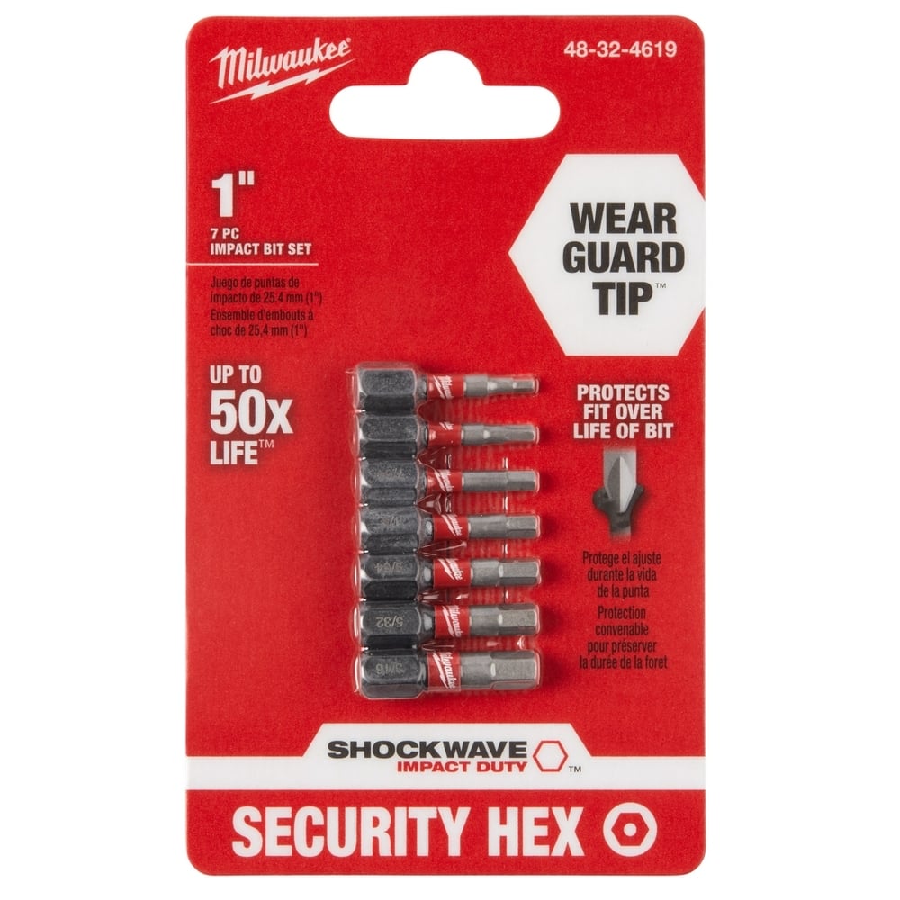 48-32-4619 Shockwave Hex Security Insert Bit Set, 7 Pieces, 5/64, 3/32, 7/64, 1/8, 9/64, 5/32, 3/16 in Tip Size, 1 in L x 1/4 in W Blade, Impact Shank, 76 Alloy Steel