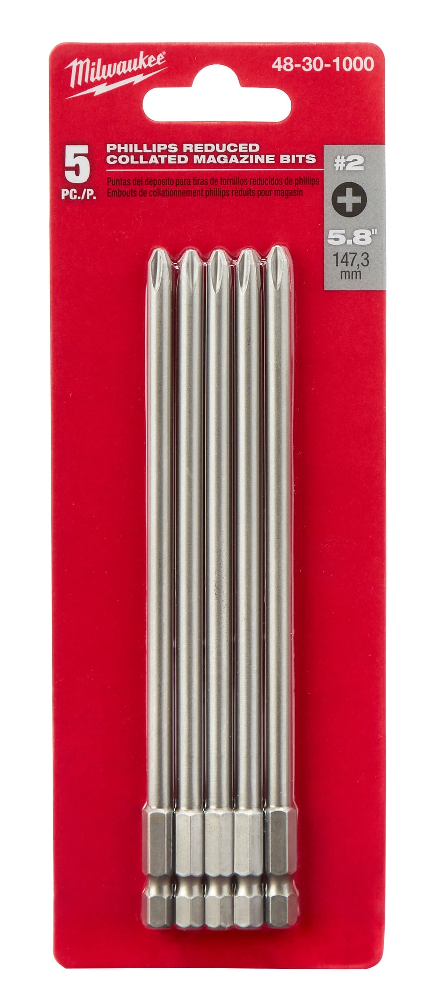 48-30-1000 5-Piece Collated Magazine Bit, 5 Pieces, #2 Tip Size, 5.8 in L Blade, Round Shank, S2 Steel