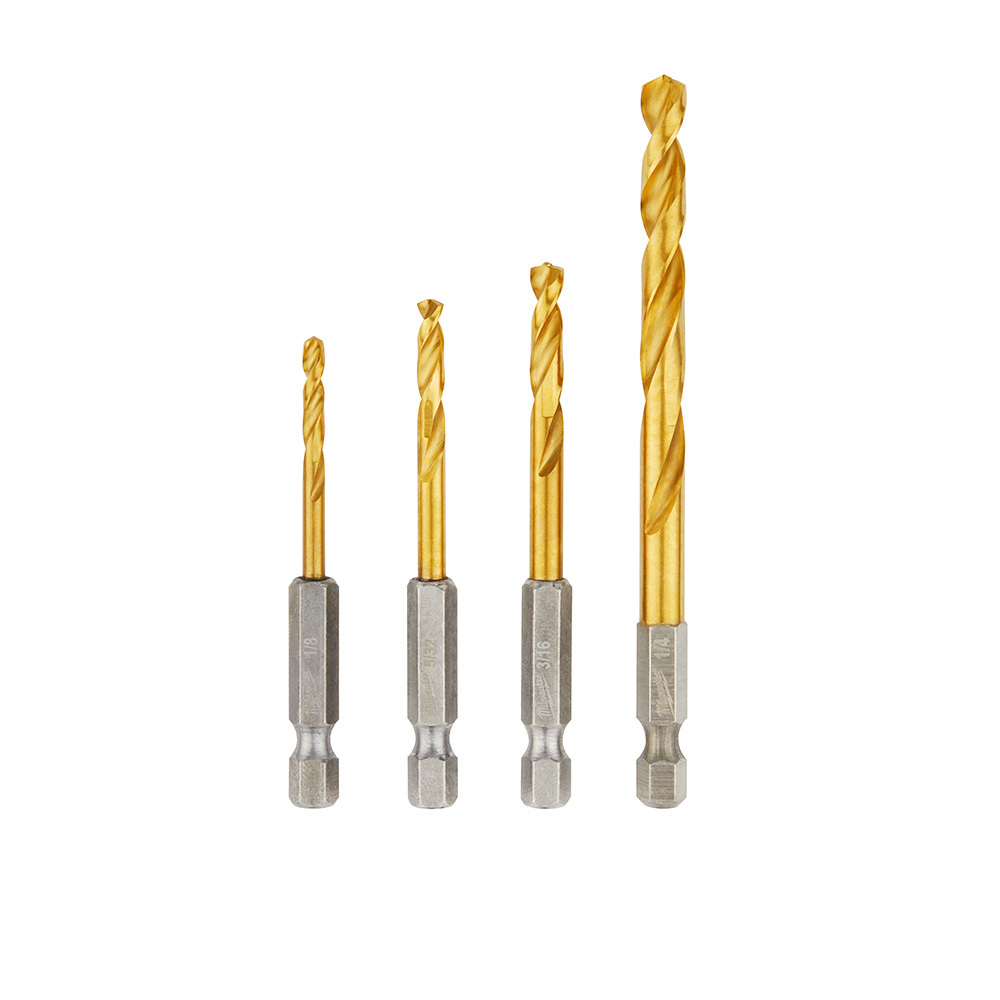 48-89-4644 Red Helix Shockwave Drill Bit Set, 1/8 in Min Drill Bit, 1/4 in Max Drill Bit, 135 deg Drill Point Angle, 4 Pieces, Titanium Coated