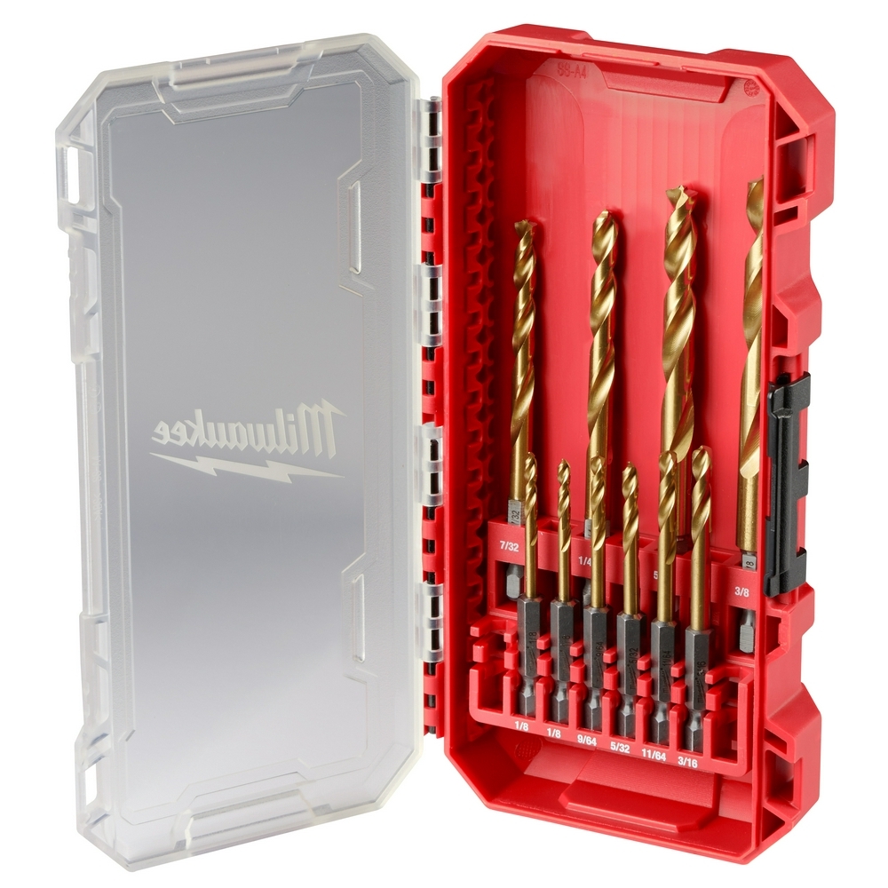 48-89-4633 Red Helix Shockwave Drill Bit Set, 1-9/64 in Min Drill Bit, 2-1/8 in Max Drill Bit, 135 deg Drill Point Angle, 10 Pieces, Titanium Coated