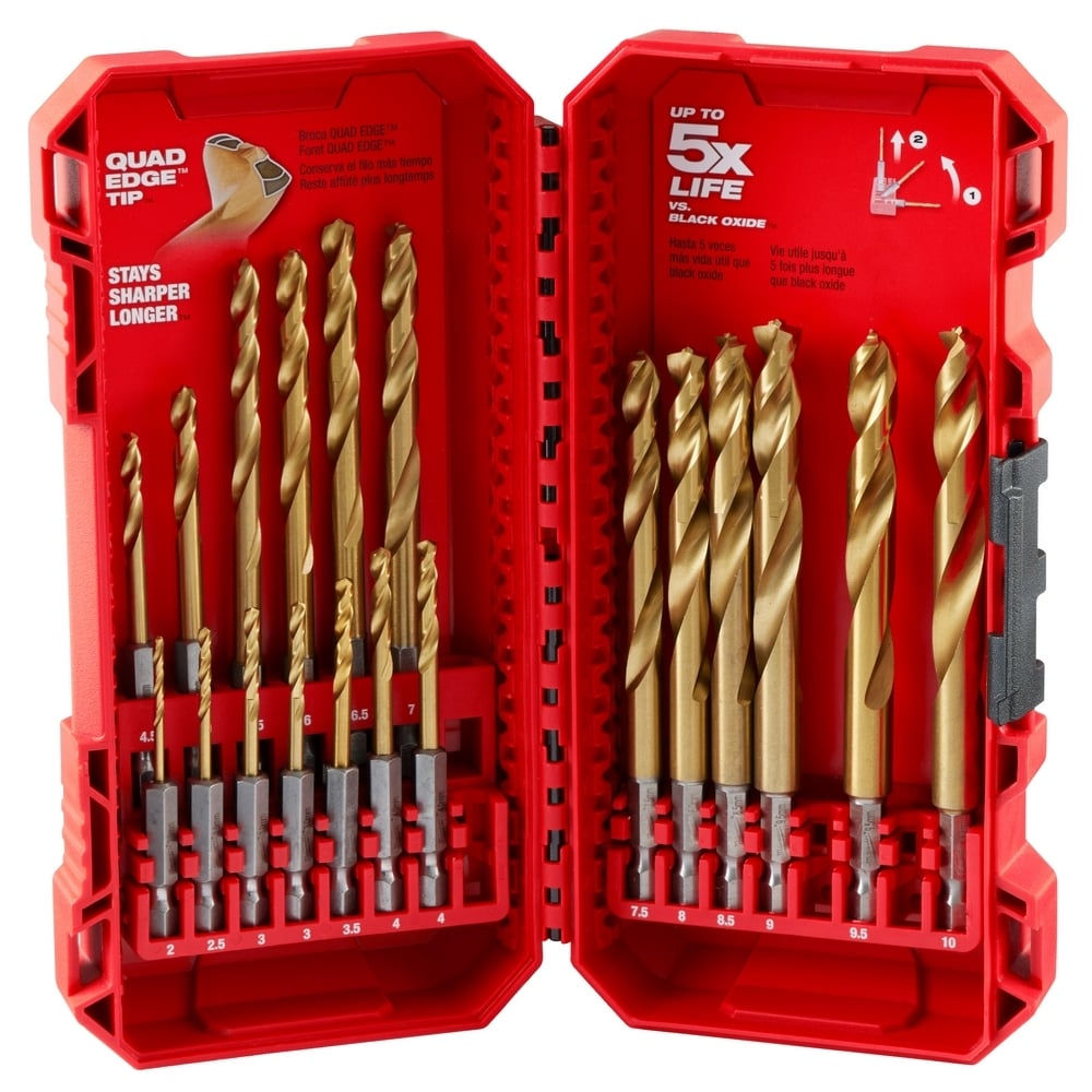 48-89-4860 Red Helix Shockwave Drill Bit Set, 2 mm Min Drill Bit, 10 mm Max Drill Bit, 135 deg Drill Point Angle, 19 Pieces, Titanium Coated