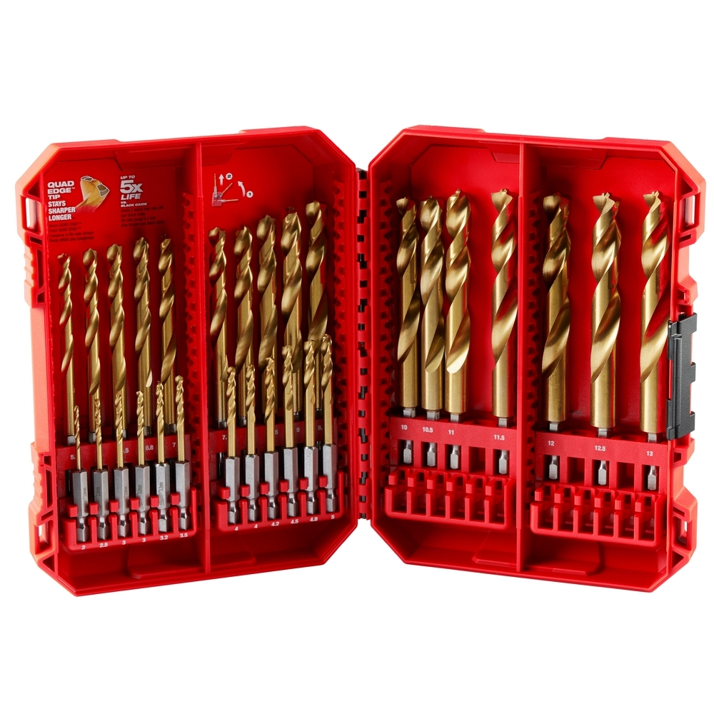 48-89-4862 Red Helix Shockwave Drill Bit Set, 2 mm Min Drill Bit, 13 mm Max Drill Bit, 135 deg Drill Point Angle, 29 Pieces, Titanium Coated