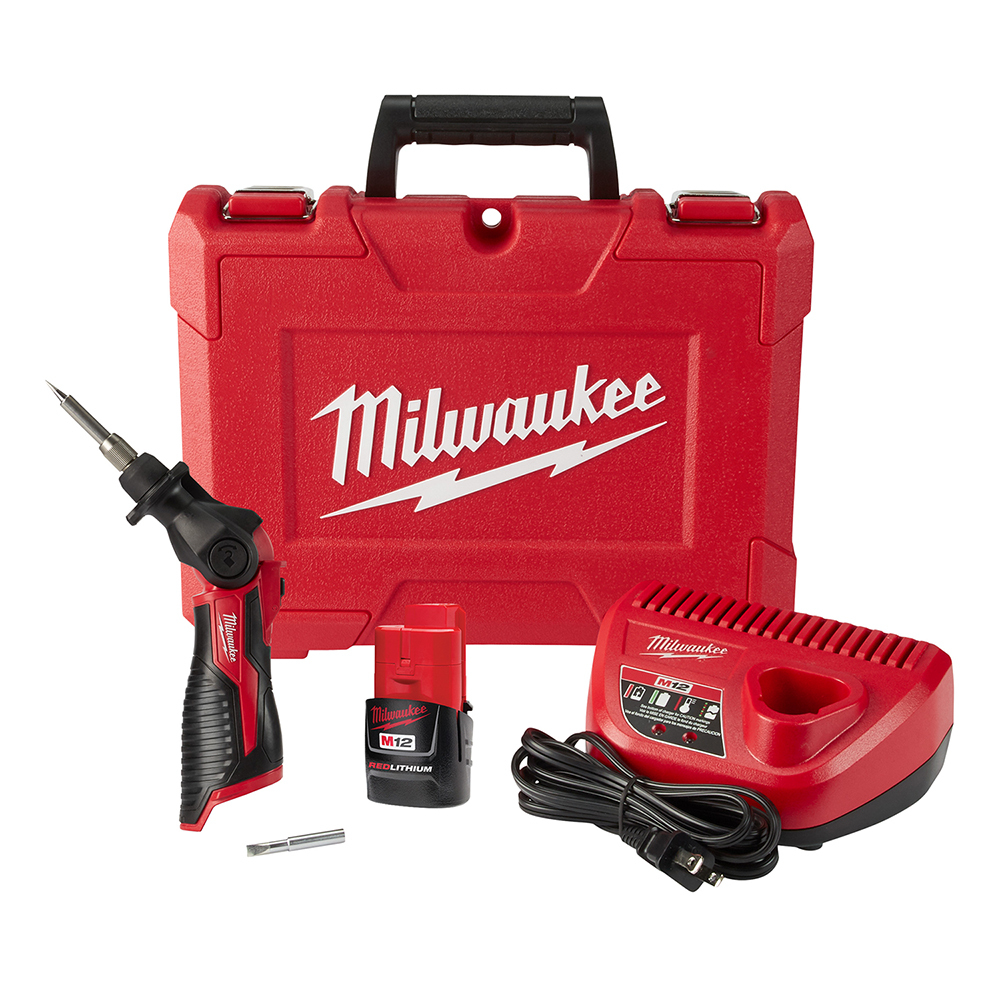 2488-21 M12 Cordless Soldering Iron Kit, 90 W Heater, 750 deg Maximum Temperature, 10.06 in OAL, 0.02 in Dia x 1.55 in L Tip, Rubber Handle Grip, For Use With All M12 Batteries and Chargers