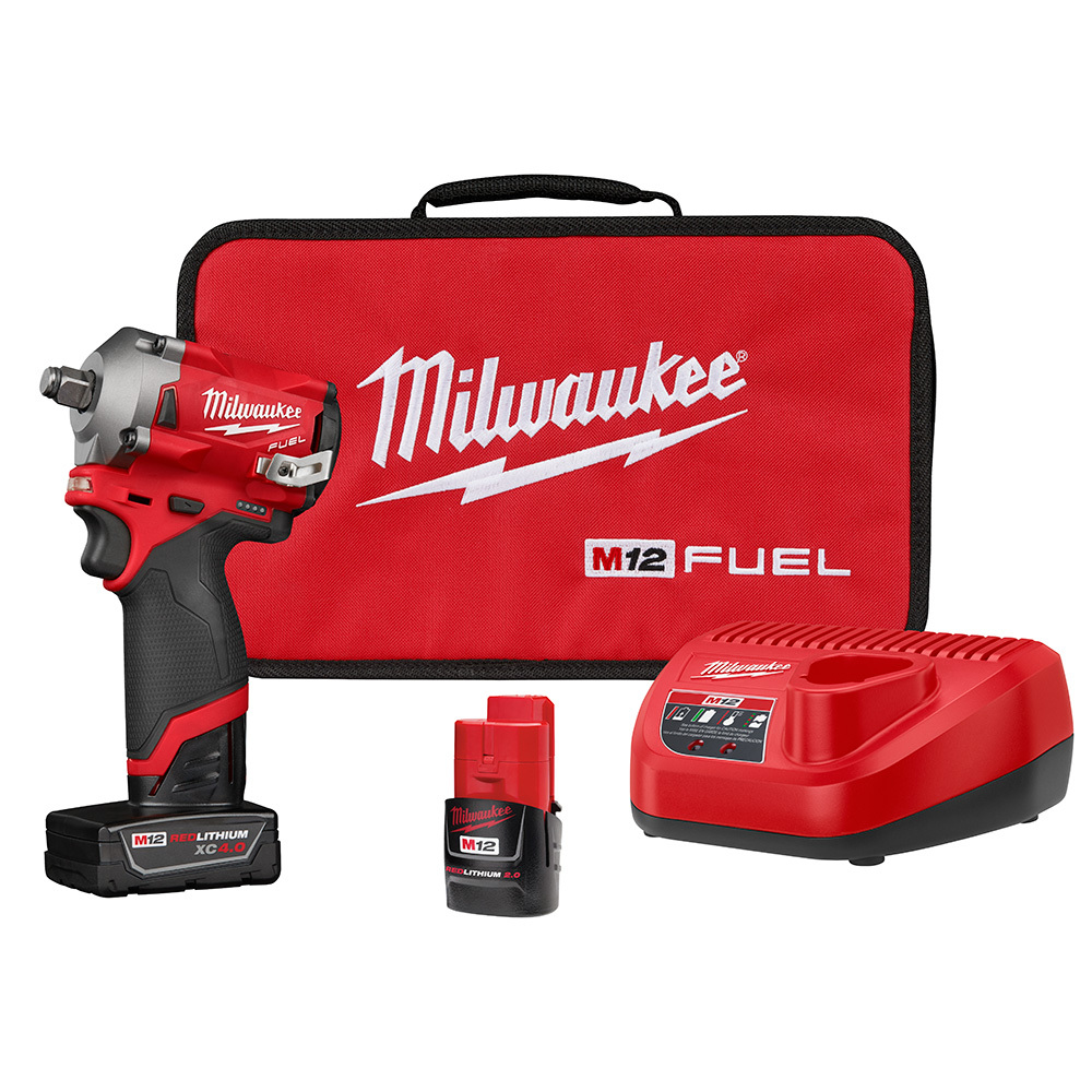 2555-22 M12 Stubby Cordless Impact Wrench Kit, 1/2 in Straight Drive, 3200 bpm, 250 ft-lb Torque, 12 V DC, 4.9 in OAL