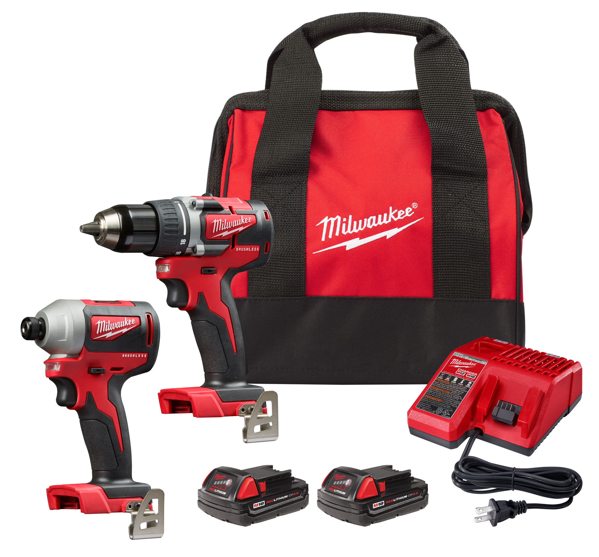 2892-22CT M18 2-Tool Brushless Compact Cordless Combination Kit, Tools: Drill Driver, Impact Driver, 18 V DC, 2 Ah Lithium-Ion Li-Ion Battery, 1800/3400 rpm, 1/2 in Chuck