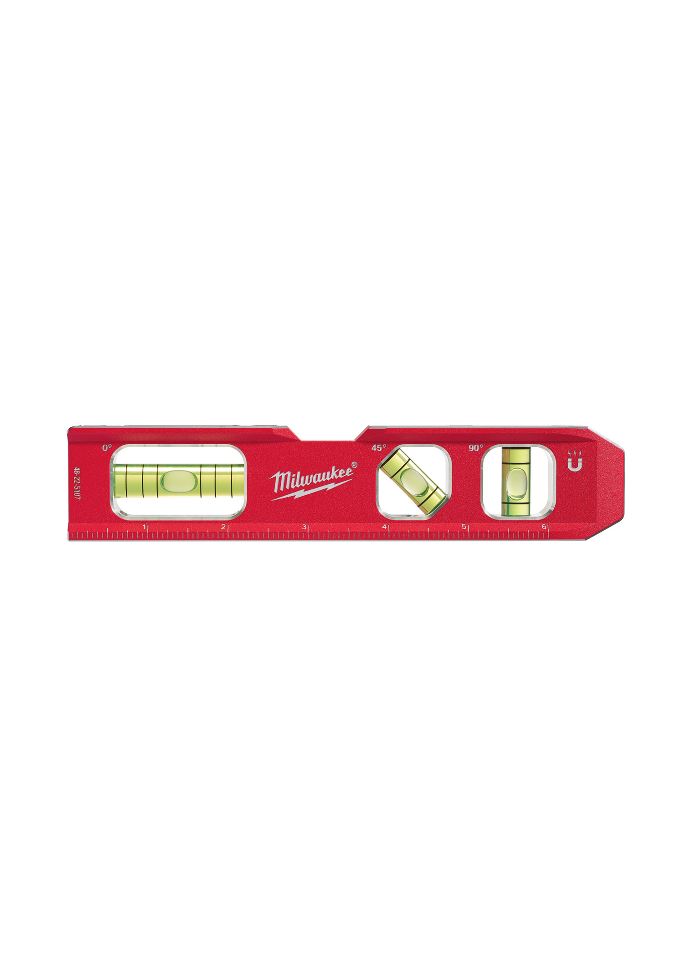 48-22-5107 Billet Compact Torpedo Level, 7 in L, 3 Vials, Aluminum/Polymer, (1) Level/(1) 45 deg/(1) Plumb Vial Position, 0.029 in Accuracy