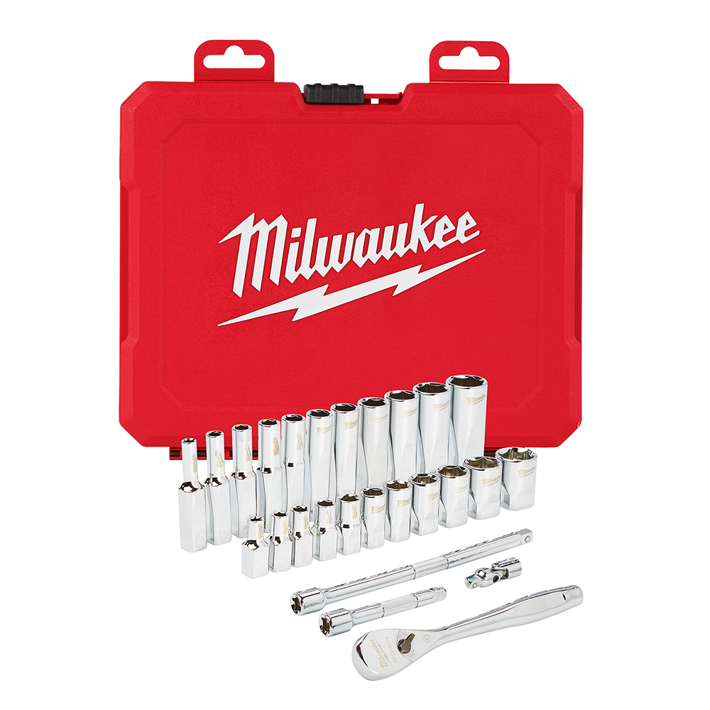 48-22-9404 Ratchet and Socket Set, Case Tool Storage, 4 deg Arc Swing, 1/4 in Drive, 26 Pieces, Steel