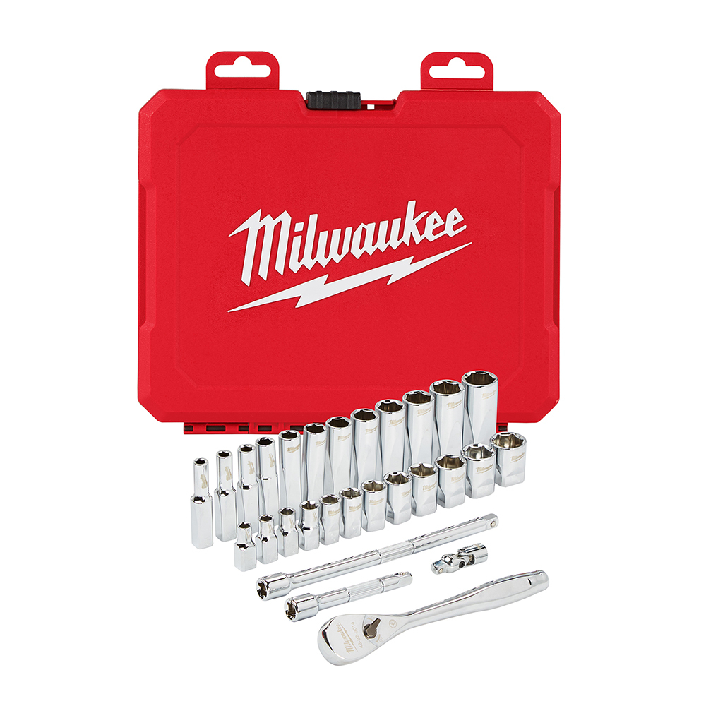 48-22-9504 Ratchet and Socket Set, Case Tool Storage, 4 deg Arc Swing, 1/4 in Drive, 28 Pieces, Steel