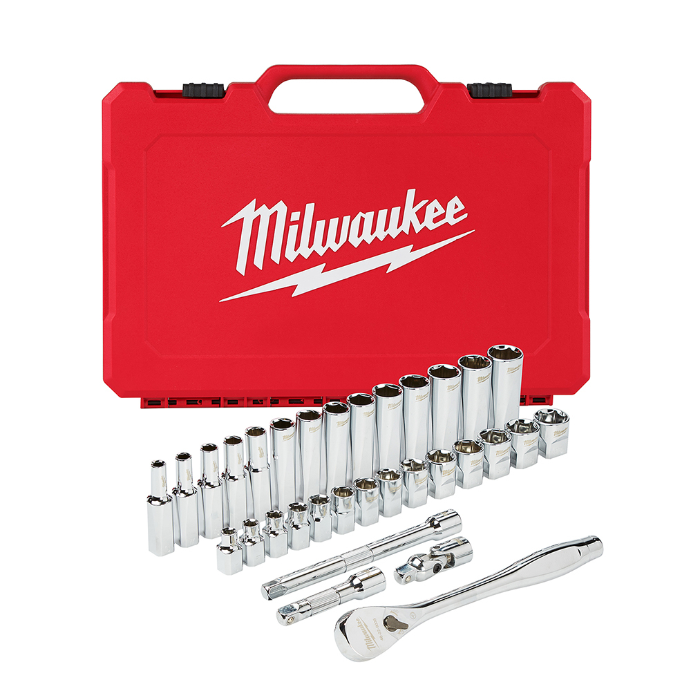 48-22-9508 Ratchet and Socket Set, Case Tool Storage, 4 deg Arc Swing, 3/8 in Drive, 32 Pieces, Steel