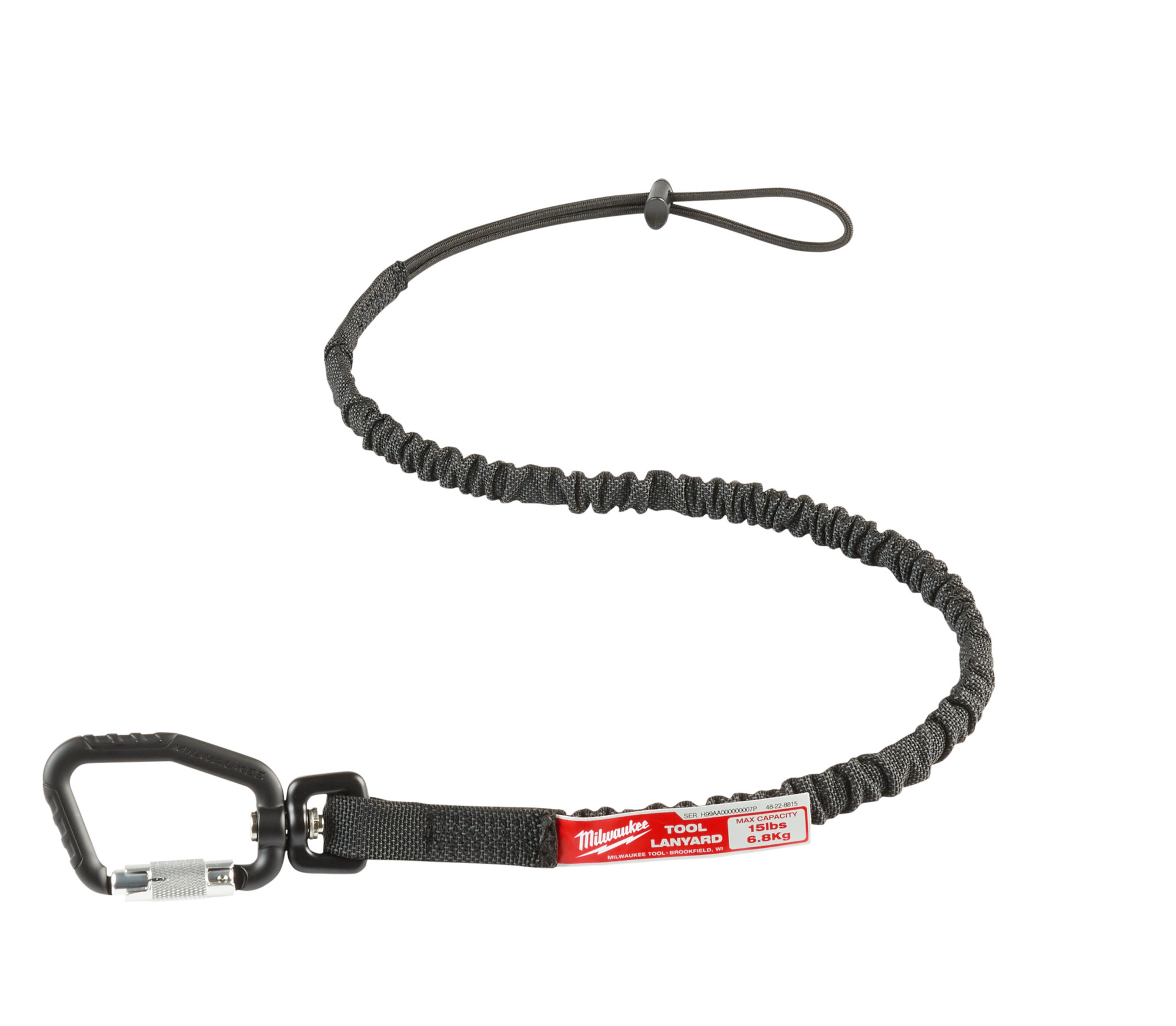 48-22-8815 Locking Tool Lanyard, 15 lb Capacity, Loop/Carabiner Connection, Nylon/Rubber