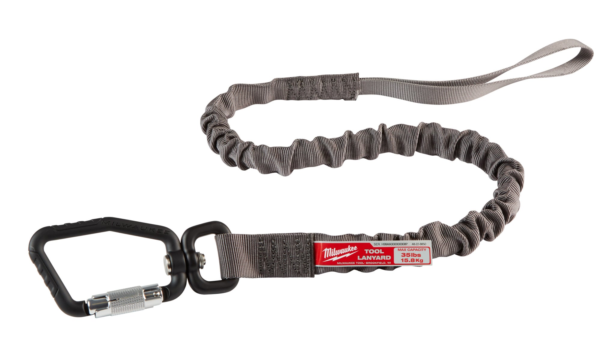 48-22-8850 Locking Tool Lanyard, 35 lb Capacity, Loop/Carabiner Connection, Nylon/Rubber