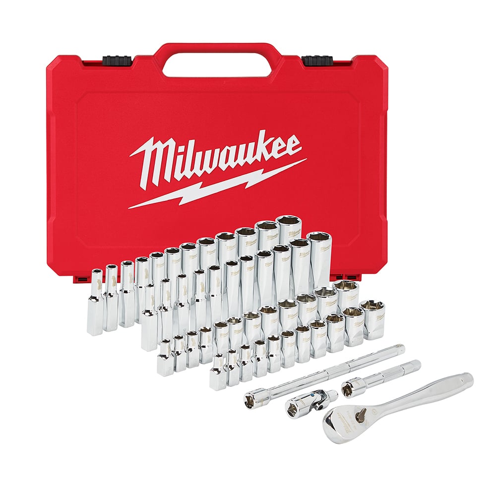 48-22-9004 Ratchet and Socket Set, Case Tool Storage, 4 deg Arc Swing, 1/4 in Drive, 50 Pieces, Steel