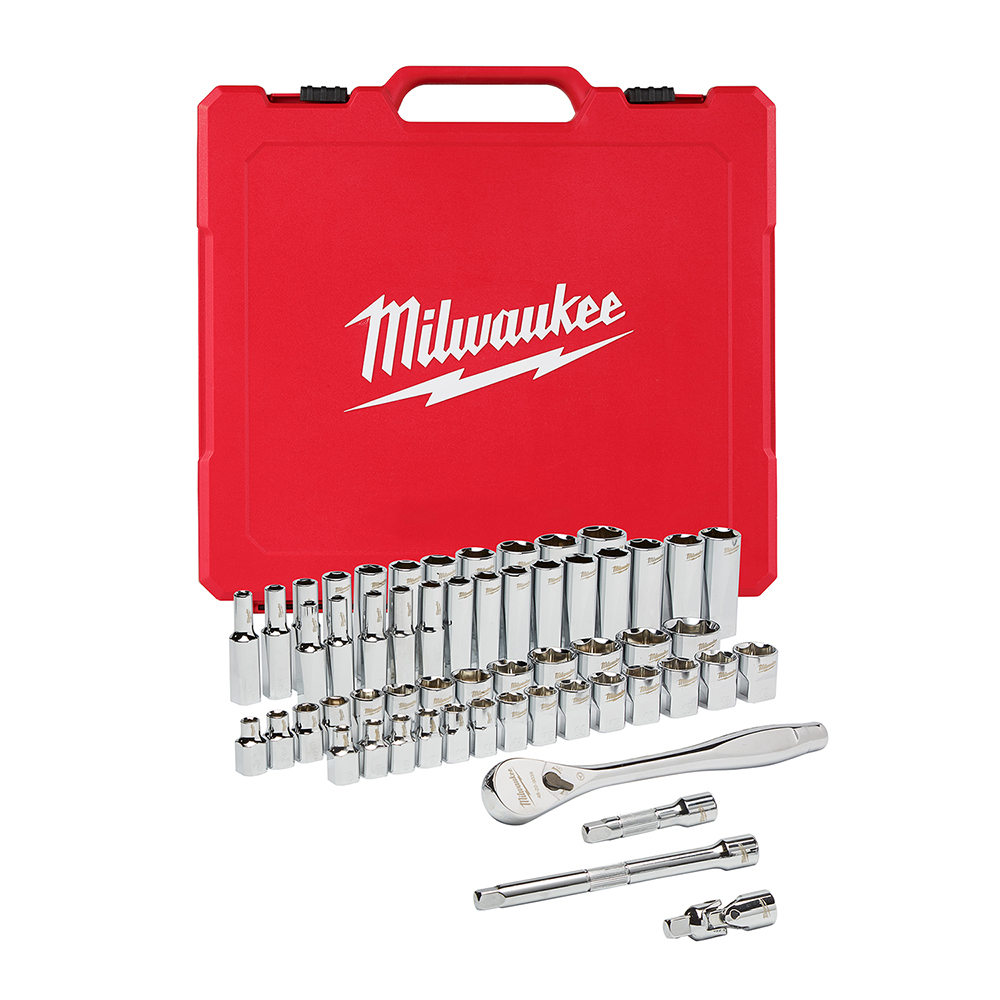 48-22-9008 Ratchet and Socket Set, Case Tool Storage, 4 deg Arc Swing, 3/8 in Drive, 56 Pieces, Steel