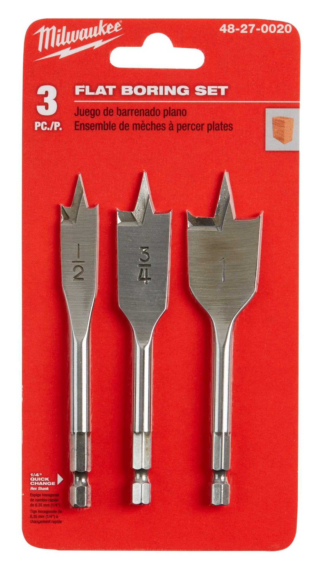 48-27-0020 Spade Stubby Flat Boring Set, 3/4 in Min Drill Bit, 1 in Max Drill Bit, 3 Pieces, High Carbon Steel