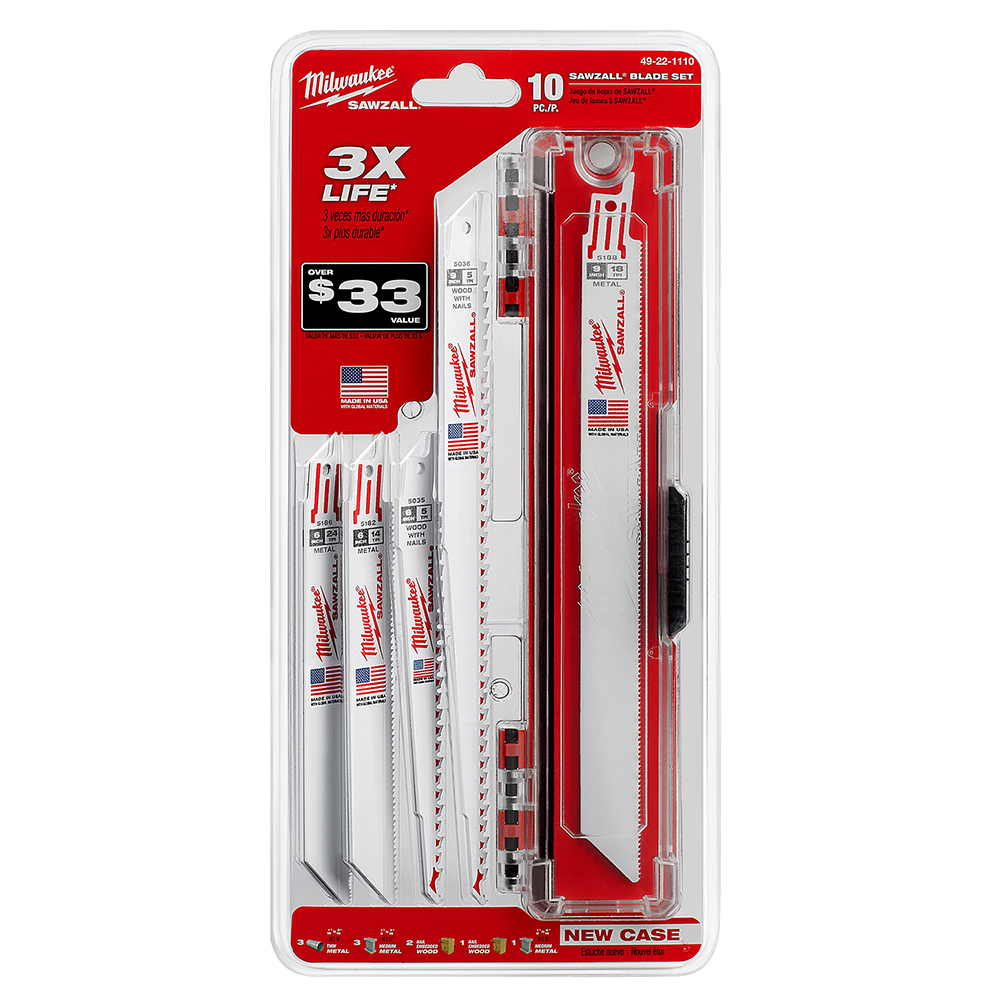 49-22-1110 Sawzall Saw Blade Set, 10 Pieces, 18 TPI, 1/2 in Universal Tang, For Use With Reciprocating Saw, Bi-Metal