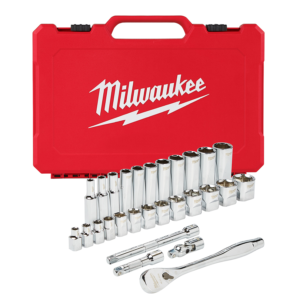 48-22-9408 Ratchet and Socket Set, Case Tool Storage, 4 deg Arc Swing, 3/8 in Drive, 28 Pieces, Steel