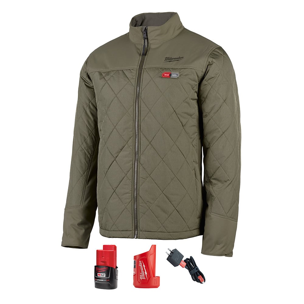 203OG-212X M12 Heated Axis Insulated Heated Jacket Kit, 2XL, Olive Green, Brushed Tricot/Polyester, 46 to 48 in Chest, Resists: Water and Wind