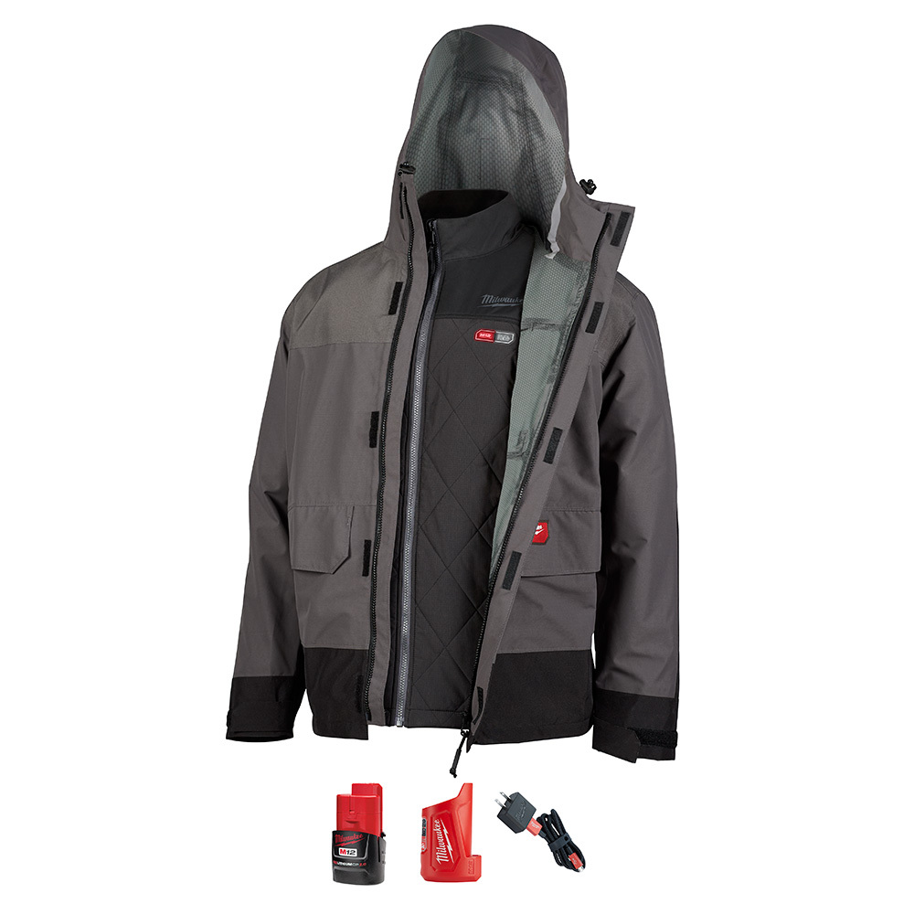 203RN-21M M12 Heated Axis Insulated Layering System Kit With 310 HYDROBREAK Rain Shell, M, Gray, Brushed Tricot/Ripstop Polyester, 40 to 42 in Chest, Resists: Water and Wind