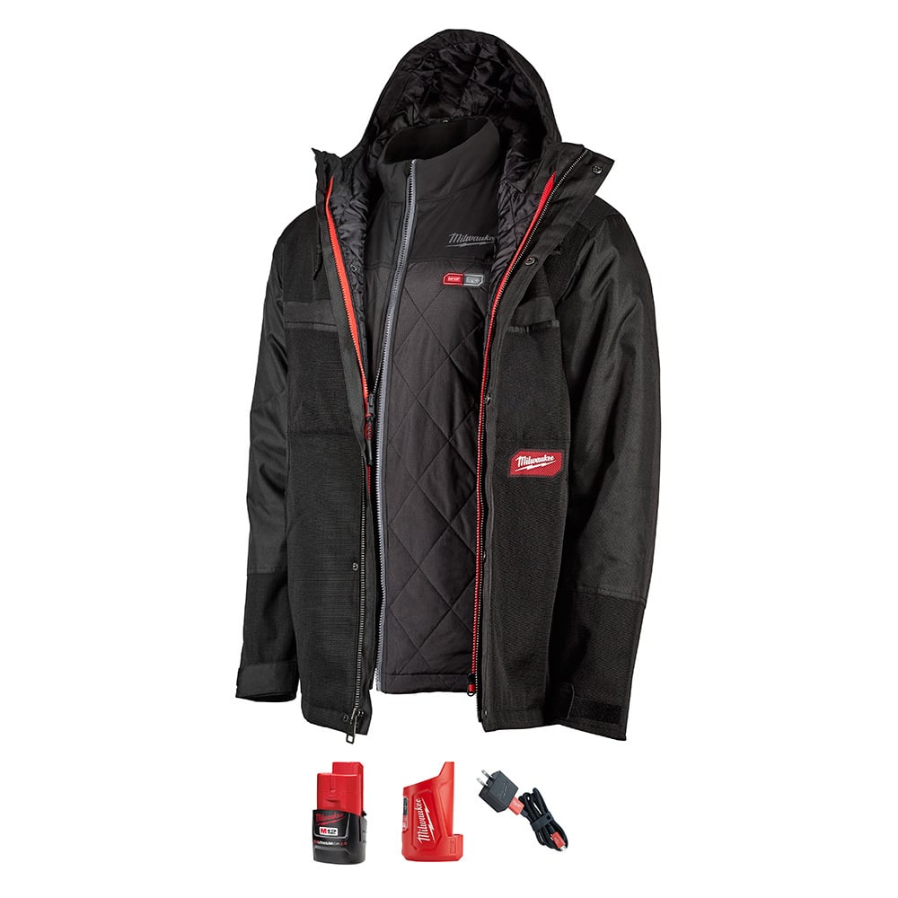 255B-21XL M12 Heated Axis Insulated Layering System Kit With GRIDIRON Work Shell, XL, Black, Brushed Tricot/GRIDIRON Ripstop Polyester, 44 to 46 in Chest, Resists: Water and Wind