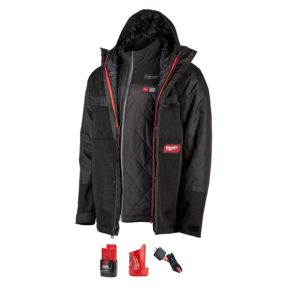 255B-212X M12 Heated Axis Insulated Layering System Kit With GRIDIRON Work Shell, 2XL, Black, Brushed Tricot/GRIDIRON Ripstop Polyester, 46 to 48 in Chest, Resists: Water and Wind