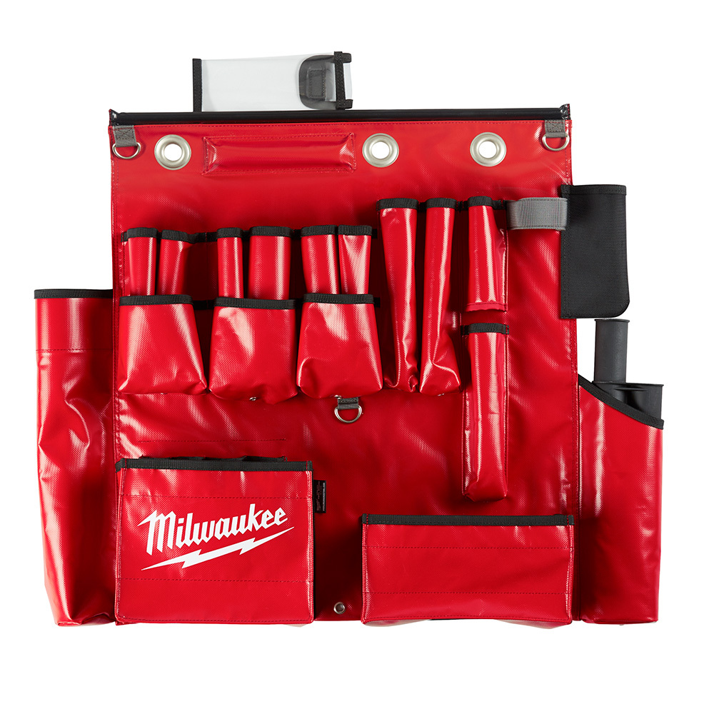 48-22-8290 Soft Sided Aerial Tool Apron, L, 25 Pockets, Durable Vinyl, Black/Red/Gray