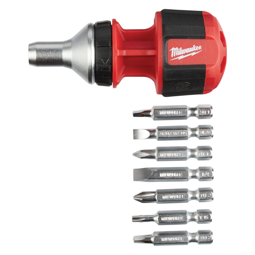 48-22-2330 8-in-1 Compact General Purpose Ratcheting Multi-Bit Screwdriver, 8 Pieces, Phillips/Slotted/Square/Torx Point, Ergonomic Grip Handle, Steel