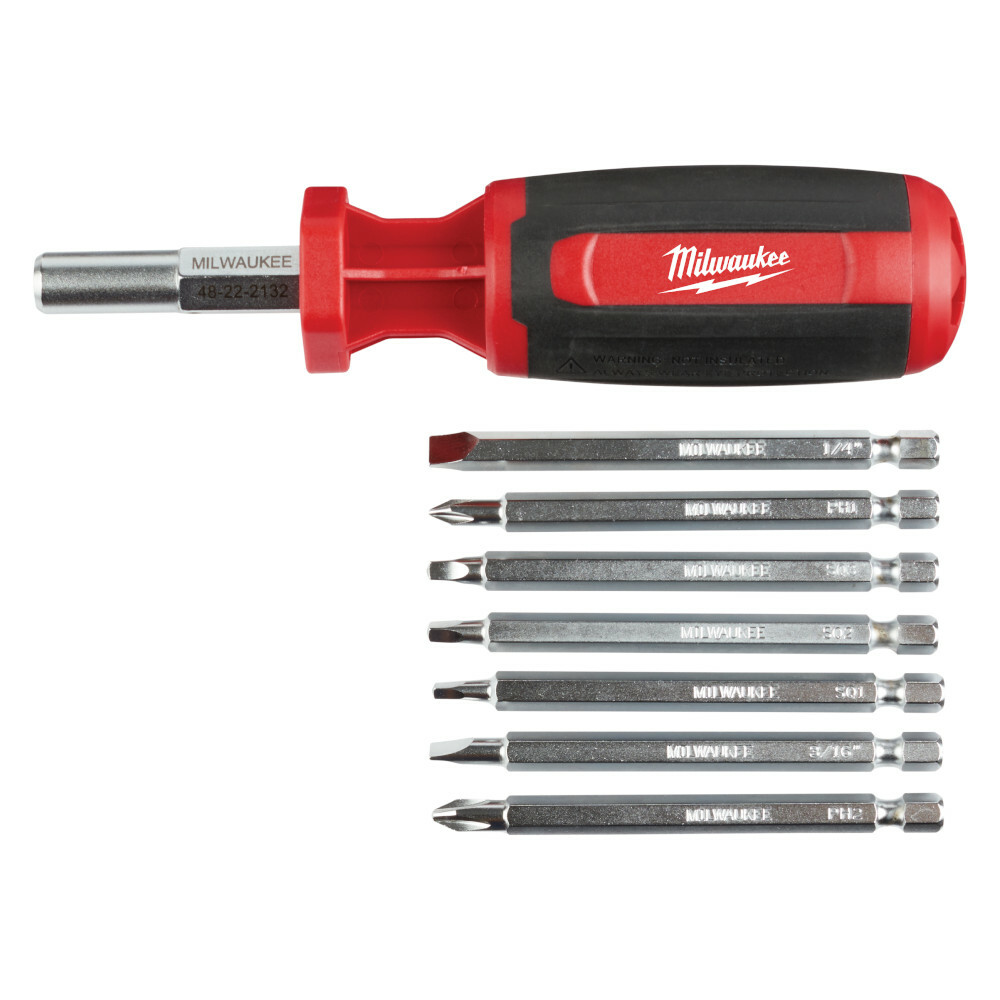 48-22-2132 9-in-1 General Purpose Multi-Bit Screwdriver, 9 Pieces, Phillips/Slotted/Square Point, Ergonomic Grip Handle, Steel