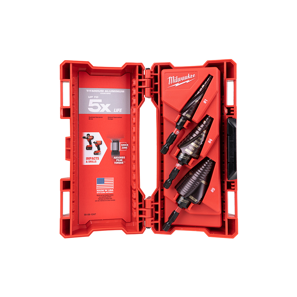 48-89-9254 Shockwave Step Drill Bit Set, 1/8 in Min Drill Bit, 7/8 in Max Drill Bit, 3 Pieces, For Use With Impact Drivers and Drill Drivers, Titanium, TiAlN Coated