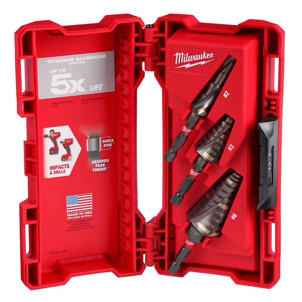 48-89-9256 Shockwave Mechanical Step Drill Bit Set, 1/8 in Min Drill Bit, 1 in Max Drill Bit, 3 Pieces, For Use With Impact Drivers and Drill Drivers, Titanium, TiAlN Coated