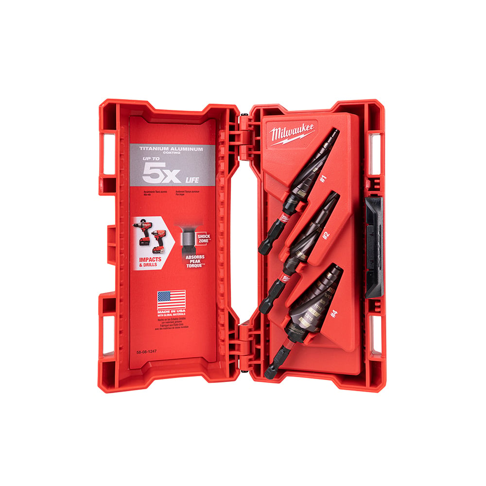 48-89-9257 Shockwave Electrical Step Drill Bit Set, 1/8 in Min Drill Bit, 1-1/8 in Max Drill Bit, 3 Pieces, For Use With Impact Drivers and Drill Drivers, Titanium, TiAlN Coated
