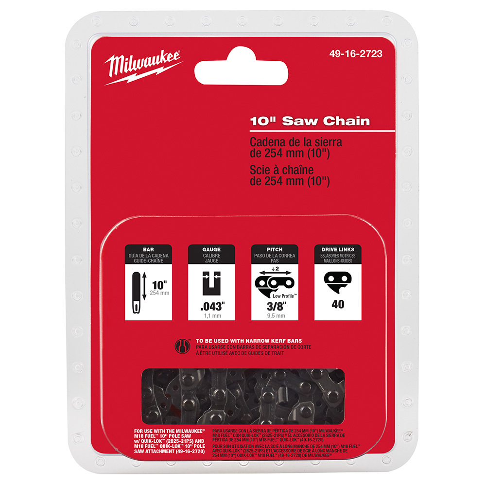 49-16-2723 Cordless Saw Chain, For Use With M18 FUEL QUIK-LOK 49-16-2720 10 in Pole Saw, Narrow Kerf Bars, 0.043 in Gauge, 40 in L Drive, 10 in L Bar, 3/8 in Low Profile Pitch