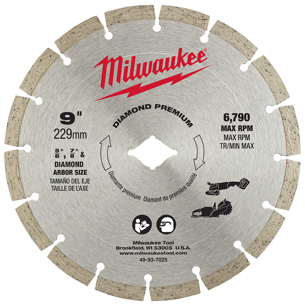 49-93-7025 16-Segment Premium Diamond Saw Blade, 9 in Dia Blade, 5/8 in, 7/8 in Arbor/Shank, Wet/Dry Cutting