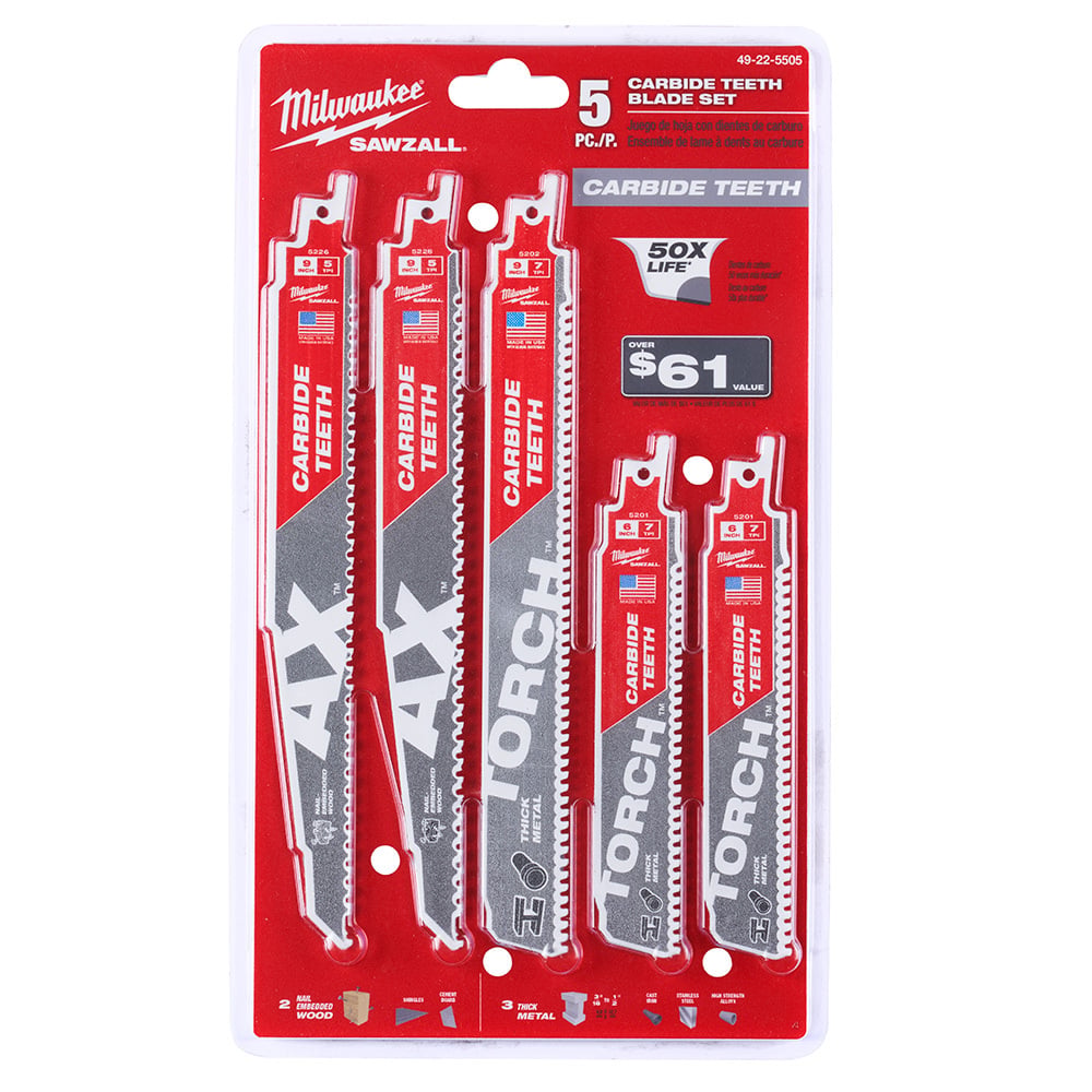 49-22-5505 Sawzall Reciprocating Saw Blade Set, 5 Pieces, 0.05 in THK, Carbide/Steel
