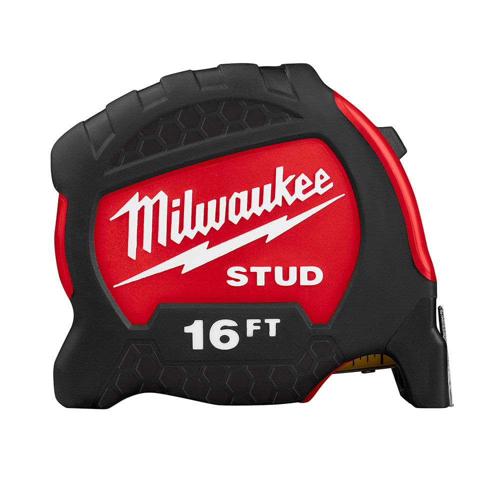 48-22-9716 Stud Measuring Tape With Belt Clip, 16 ft L x 1-5/16 in W Blade, Steel Blade, 1/16 in, 1/8 in, 1/4 in, 1/2 in, 1 ft Graduation
