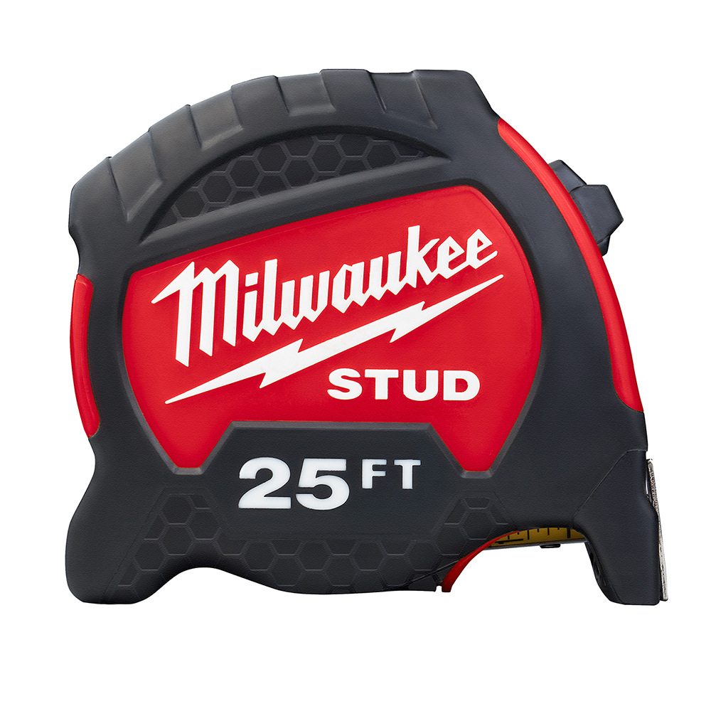 48-22-9725 Stud Measuring Tape With Belt Clip, 25 ft L x 1-5/16 in W Blade, Steel Blade, 1/16 in, 1/8 in, 1/4 in, 1/2 in, 1 ft Graduation