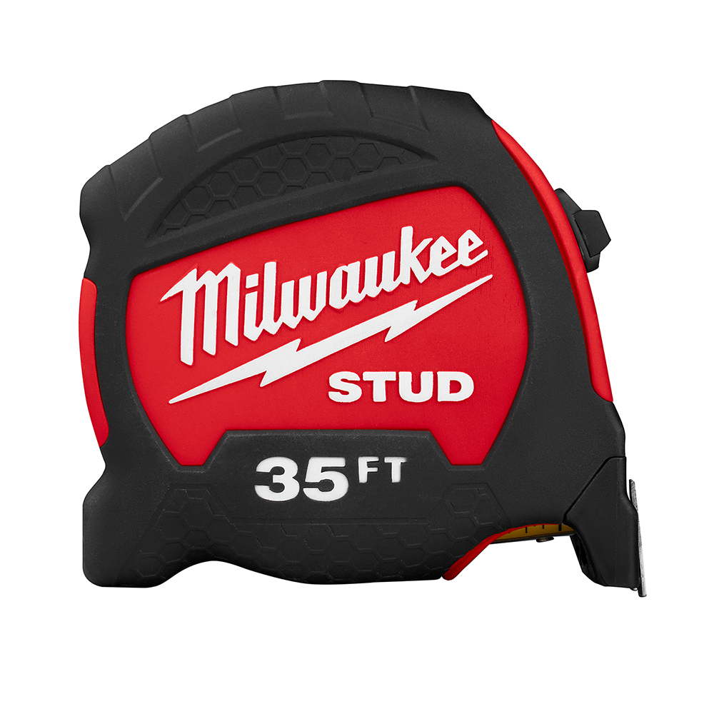 48-22-9735 Stud Measuring Tape With Belt Clip, 35 ft L x 1-5/16 in W Blade, Steel Blade, 1/16 in, 1/8 in, 1/4 in, 1/2 in, 1 ft Graduation