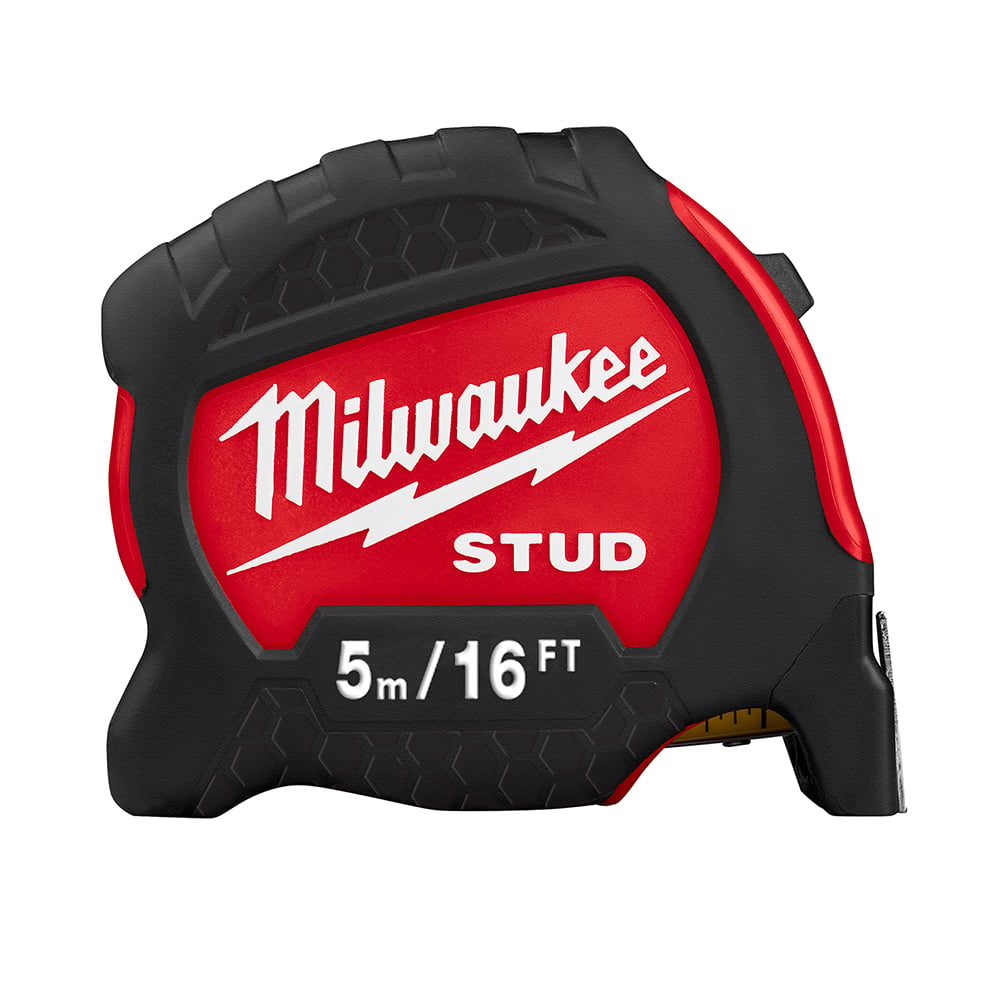 48-22-9717 Stud Measuring Tape With Belt Clip, 16 ft L x 1-5/16 in W Blade, Steel Blade, 1/16 in, 1/8 in, 1/4 in, 1/2 in, 1 ft, 1 mm, 1 cm, 1 m Graduation