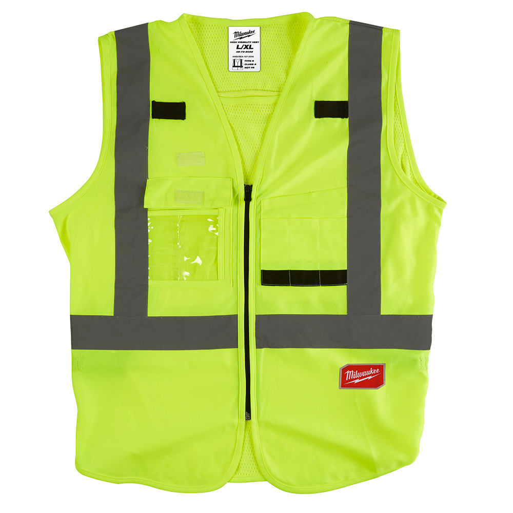 48-73-5022 Safety Vest, L/XL, Hi-Viz Yellow, Polyester, Hook and Loop/Secure Zipper Closure, 10 Pockets, ANSI Class: Class 2, ANSI/ISEA 107-15 Type R