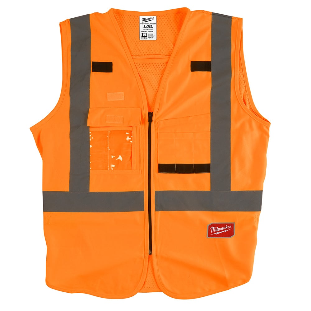 48-73-5032 Safety Vest, L/XL, Hi-Viz Orange, Polyester, Hook and Loop/Secure Zipper Closure, 10 Pockets, ANSI Class: Class 2, ANSI/ISEA 107-15 Type R