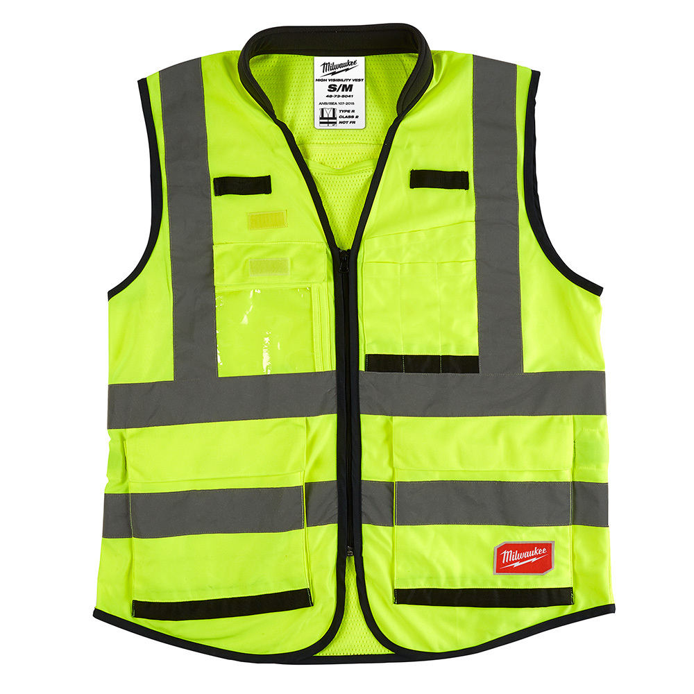 48-73-5041 Performance Safety Vest, S/M, Hi-Viz Yellow, Polyester, Hook and Loop/Zipper Closure, 15 Pockets, ANSI Class: Class 2, ANSI/ISEA 107-15 Type R
