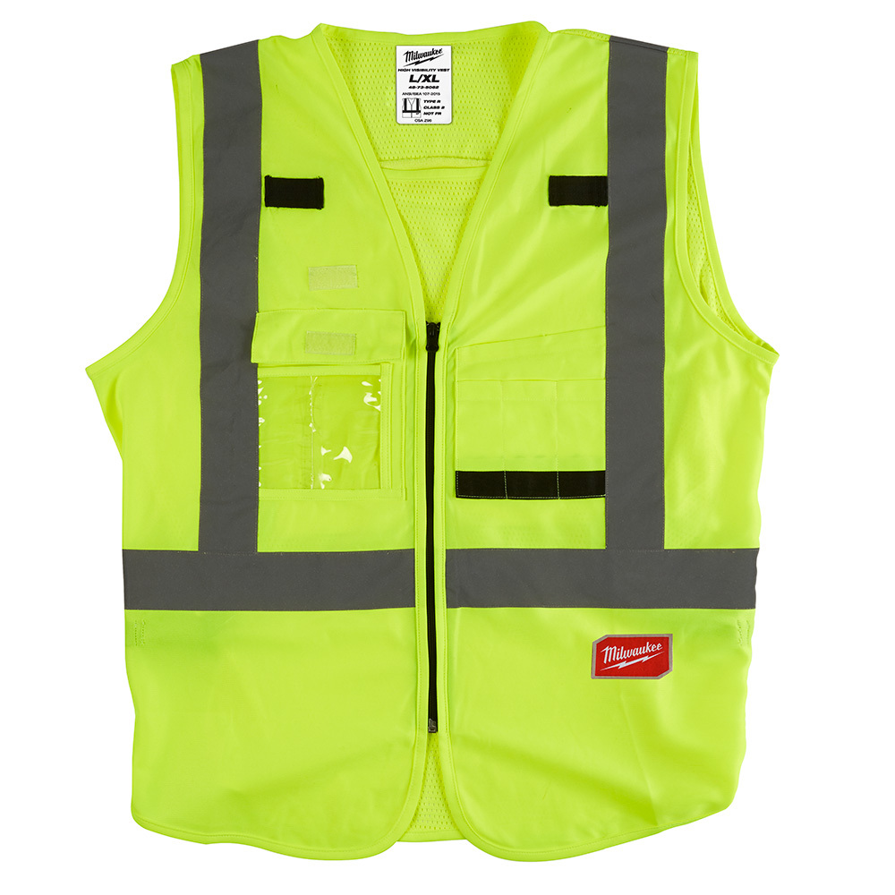 48-73-5062 Safety Vest, L/XL, Hi-Viz Yellow, Polyester, Hook and Loop/Secure Zipper Closure, 10 Pockets, ANSI Class: Class 2, ANSI/ISEA 107-15 Type R