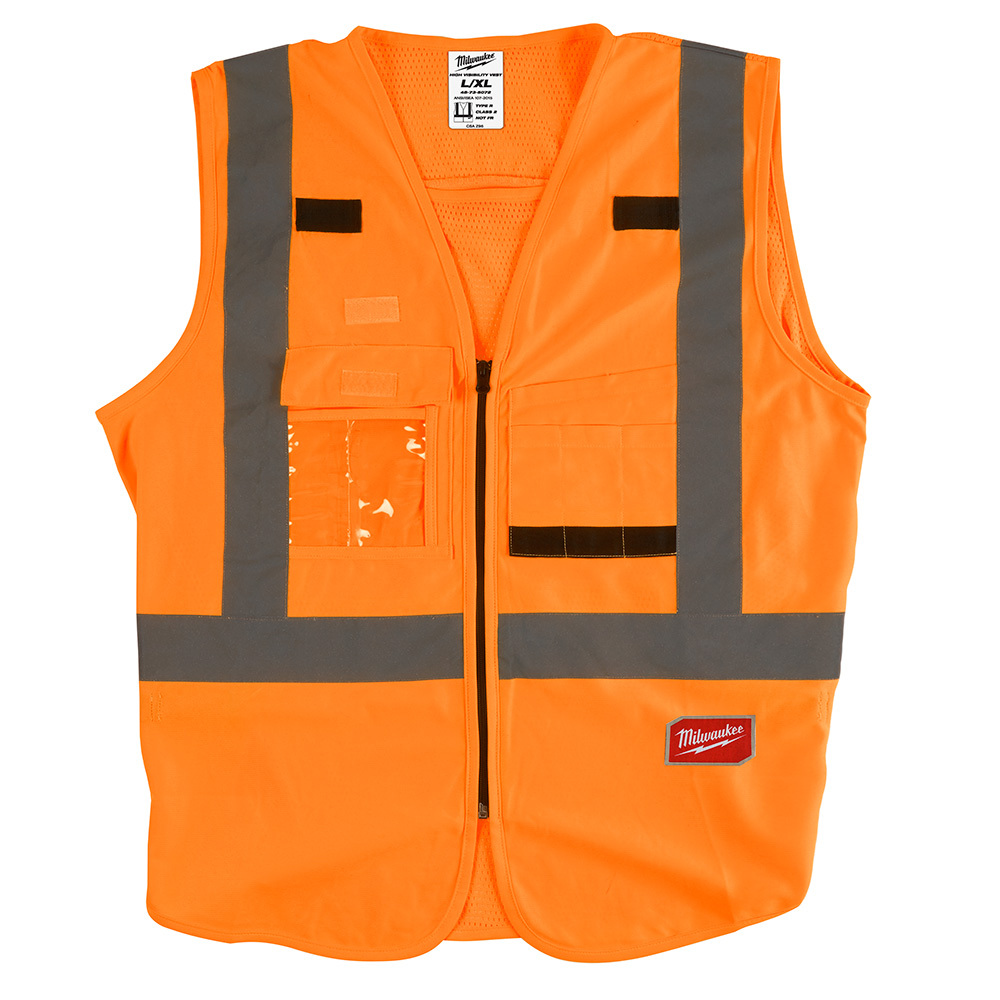 48-73-5072 Safety Vest, L/XL, Hi-Viz Orange, Polyester, Hook and Loop/Secure Zipper Closure, 10 Pockets, ANSI Class: Class 2, ANSI/ISEA 107-15 Type R