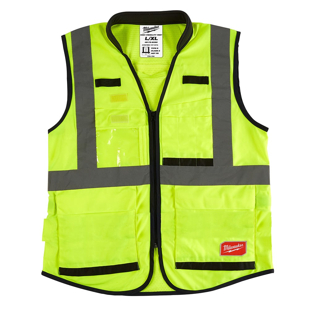 48-73-5082 Performance Safety Vest, L/XL, Hi-Viz Yellow, Polyester, Hook and Loop/Zipper Closure, 15 Pockets, ANSI Class: Class 2, ANSI/ISEA 107-15 Type R